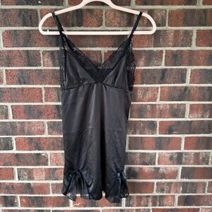 Sm Black Satin Lace Babydoll Slip Dress Lingerie Bows Slits Coquette Goth Fairy
